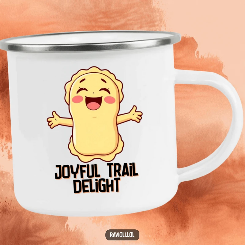 Durable funny ravioli character laughing with arms wide on a camping mug, ideal for outdoor enthusiasts who appreciate a good laugh.