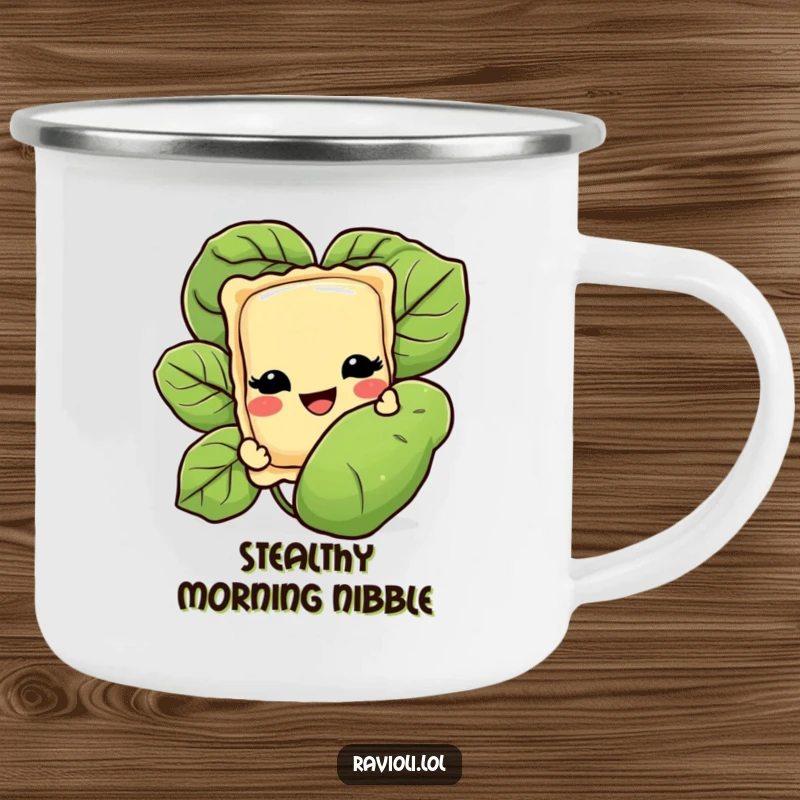 Funny camping mug featuring a grinning ravioli character peeking from behind a basil leaf, perfect for enjoying beverages outdoors with Italian charm.