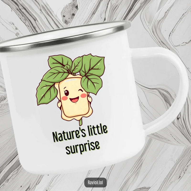 Funny camping mug with a grinning ravioli character peeking from behind a large basil leaf, perfect for outdoor meals.