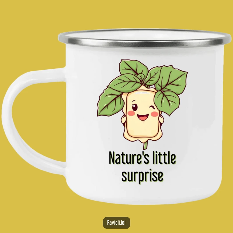 Funny Ravioli Basil Grin Camping Mug - Outdoor Italian Food Fun