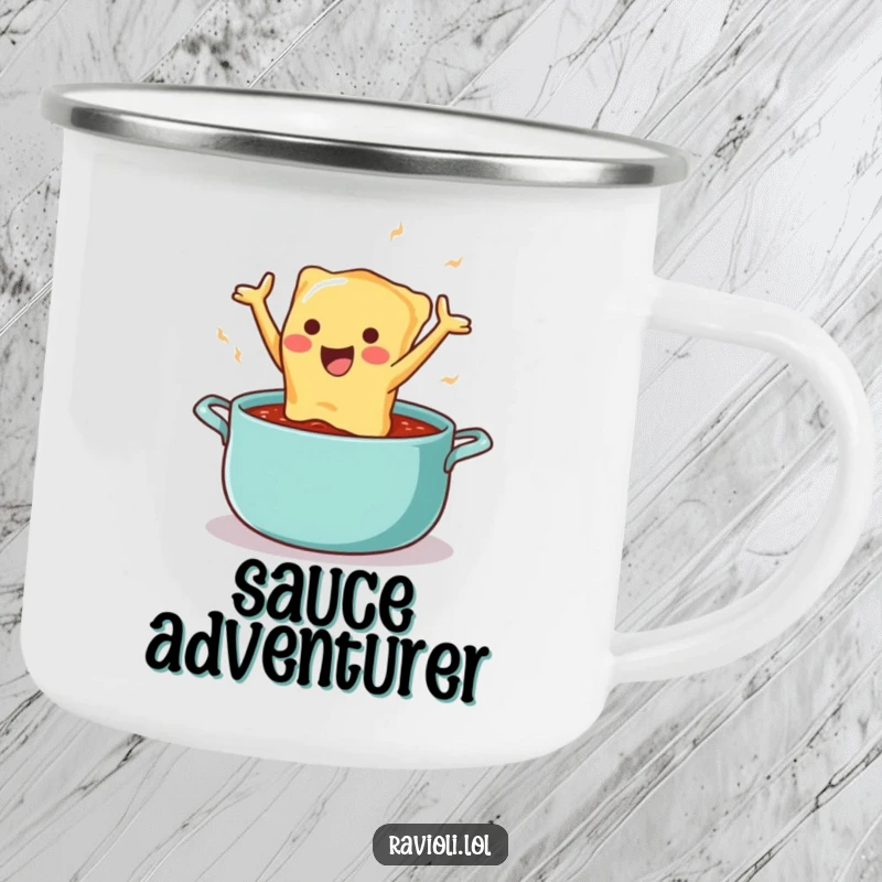 Funny camping mug with a happy ravioli character joyfully diving into a pot of sauce, ideal for outdoor dining humor.