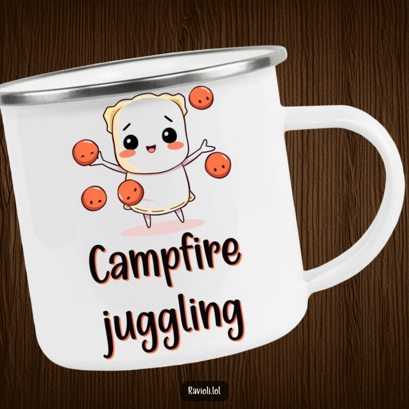 Funny ravioli character juggling meatballs, a durable camping mug with pasta chef humor, excellent funny gift.