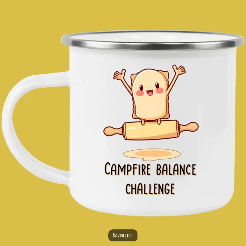 Funny Ravioli Camping Mug: Hilarious Rolling Pin Balance, Outdoor Adventure Gift