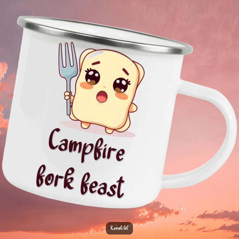 Funny ravioli character with wide surprised eyes holding a giant fork, a camping mug with pasta shock humor, excellent funny gift.