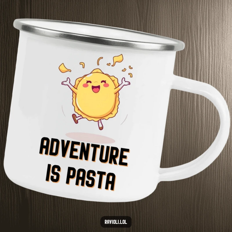 Funny Ravioli Camping Mug showing a ravioli character cartwheeling with pasta steam, ready for outdoor adventures.