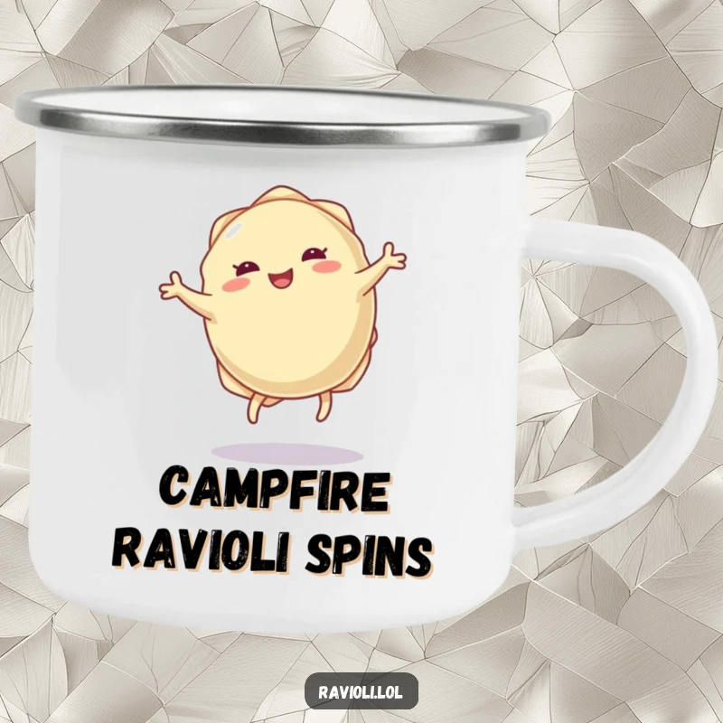 Funny ravioli dumpling camping mug with tiny legs doing a joyful cartwheel, ideal for outdoor pasta enjoyment and cheerful sips.