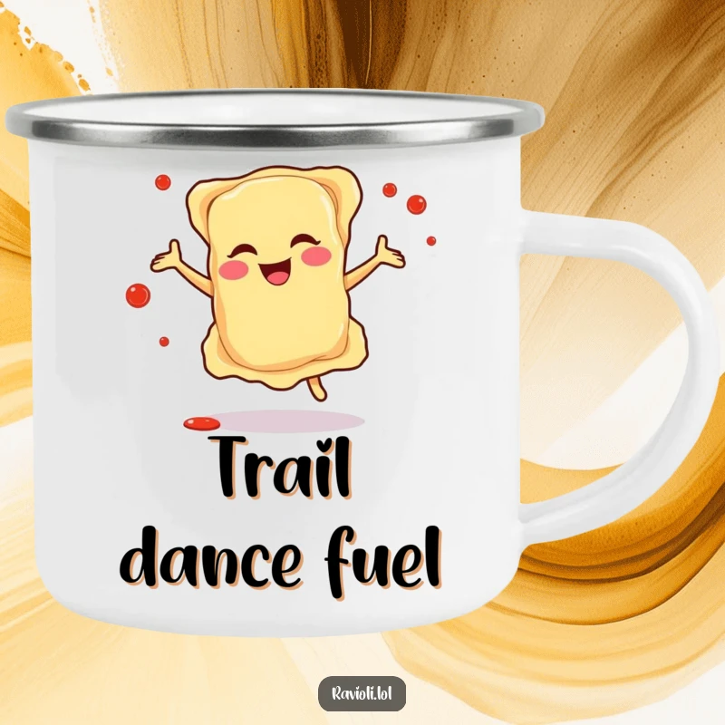 Funny camping mug featuring a happy ravioli character dancing with sauce splatters, perfect for enjoying beverages outdoors with Italian party flair.