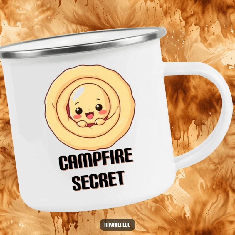 Funny ravioli character peeking from behind a large dough swirl, a durable and funny camping mug.