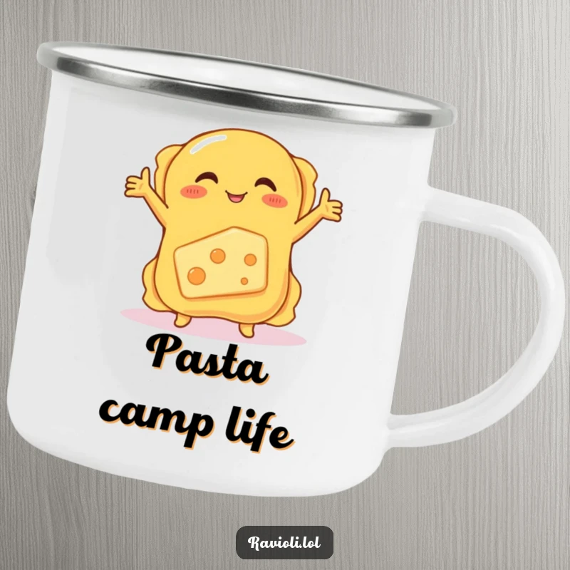 Funny camping mug featuring a ravioli hugging a shy, blushing cheese, perfect for outdoor enthusiasts who appreciate humor.