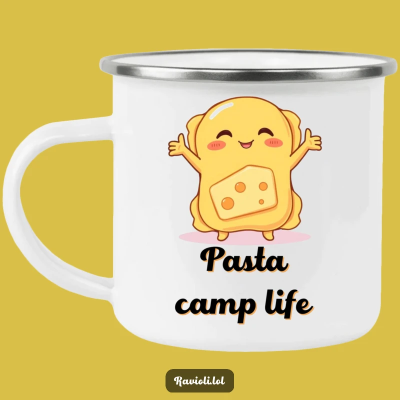 Funny Ravioli Embracing Cheese Camping Mug: Outdoor Humor Gift