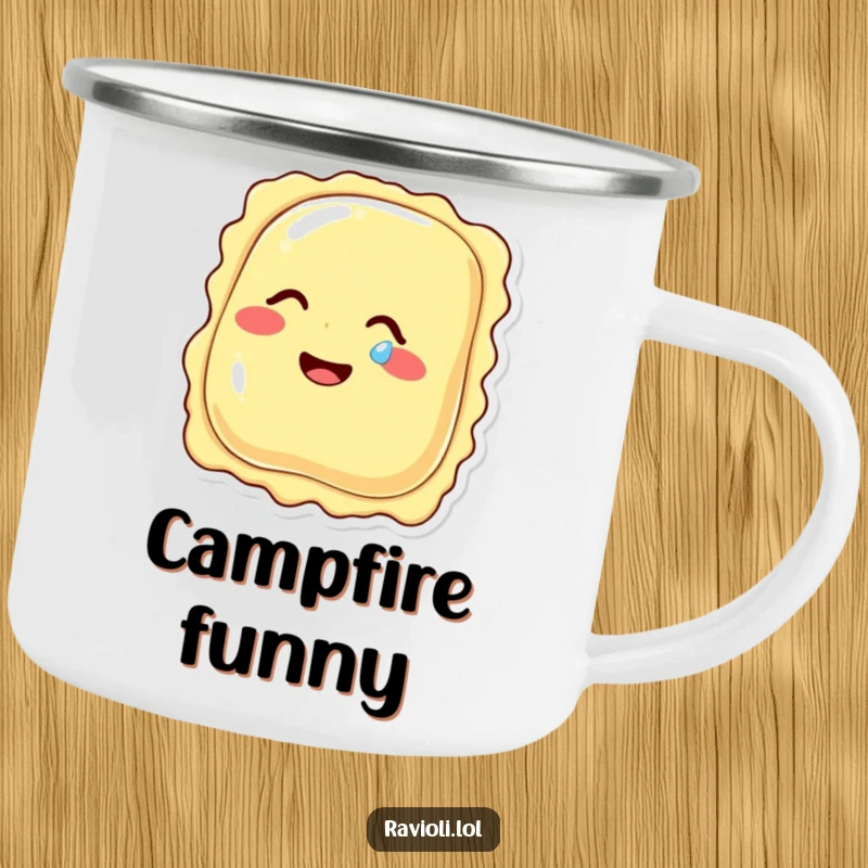 Durable camping mug featuring a funny ravioli character giggling with a tear of mirth, perfect for enjoying drinks outdoors with humor.