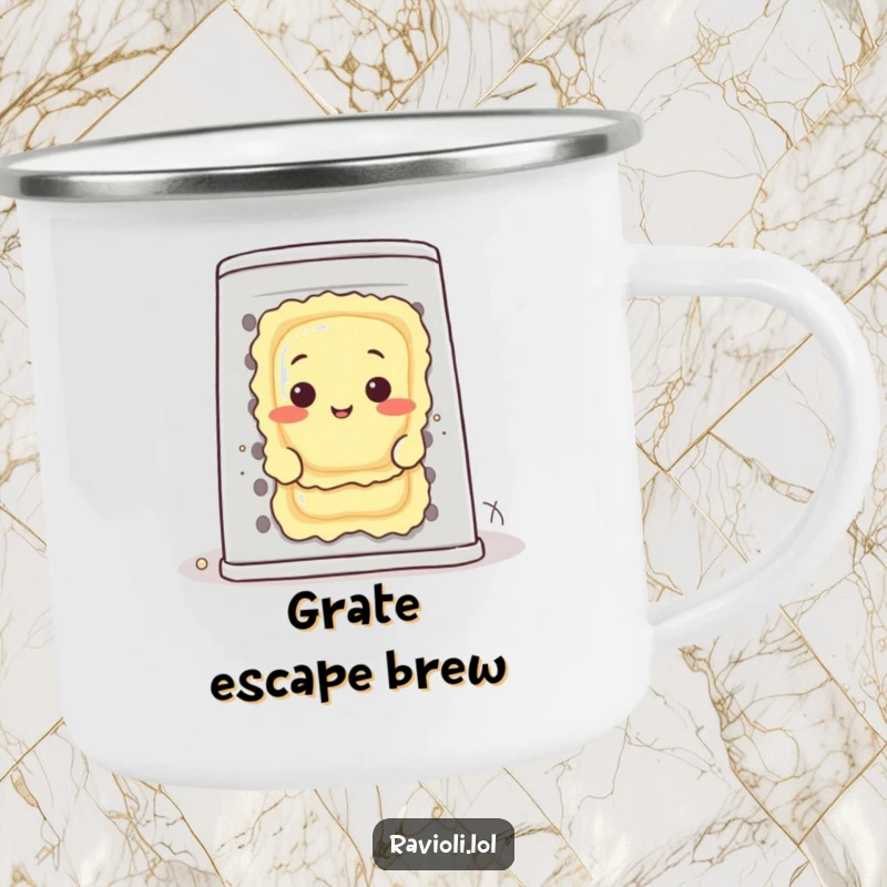 Funny ravioli character peeking from behind a giant cheese grater on a durable camping mug, ready for outdoor adventures.