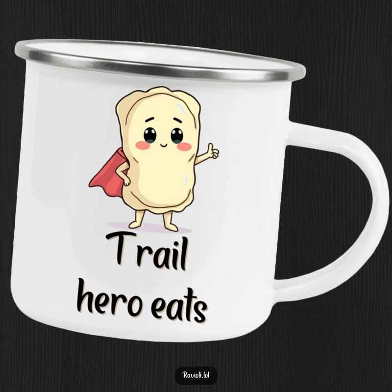 Funny ravioli character in a dramatic pose with a tiny cape, designed for a durable camping mug, perfect for outdoor humor.
