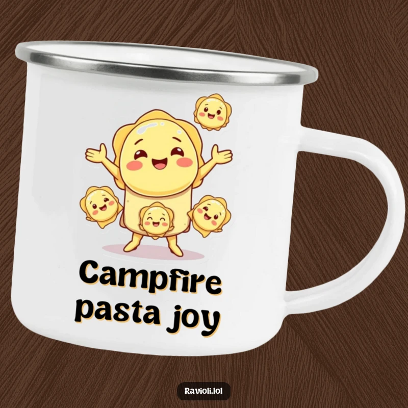 Funny smiling ravioli character juggling pasta, a sturdy camping mug for outdoor dining fun.