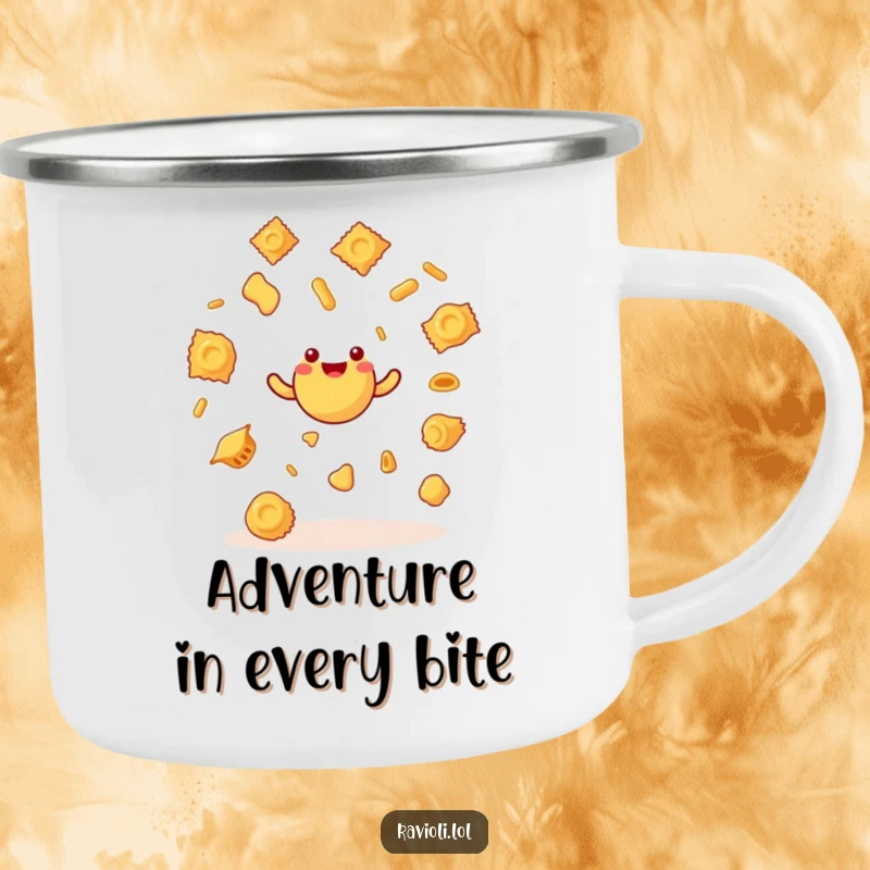 Durable funny ravioli character juggling pasta shapes on a camping mug, perfect for outdoor enthusiasts who appreciate humor.