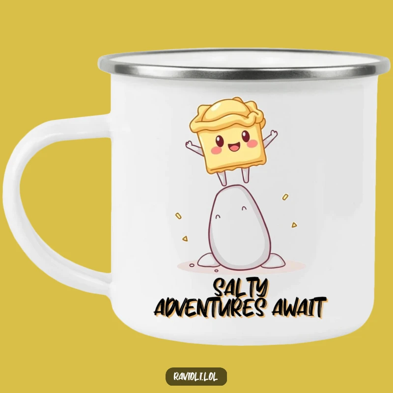 Funny Ravioli Salt Shaker Camping Mug - Adventure-Ready Humor for Outdoors