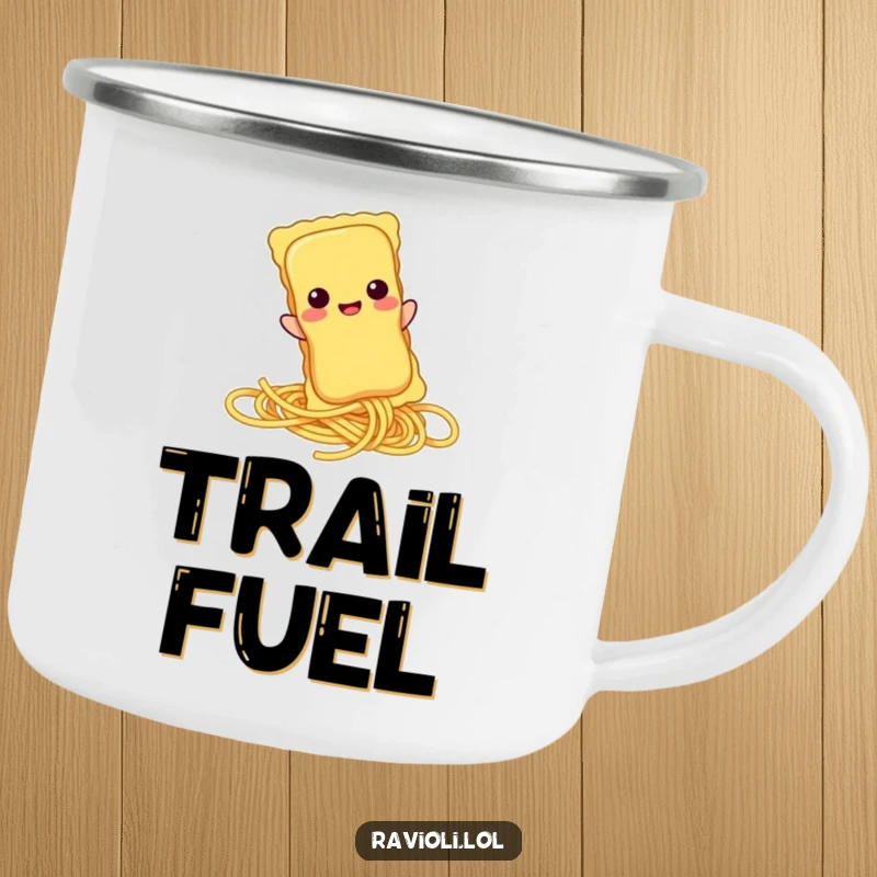 Funny ravioli character sliding down a spaghetti strand on a durable camping mug, perfect for humorous outdoor trips.