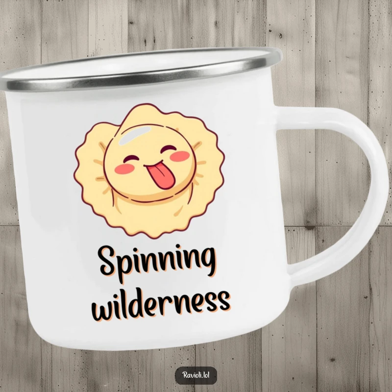 Funny ravioli makes silly face, tongue out, spinning, camping mug.