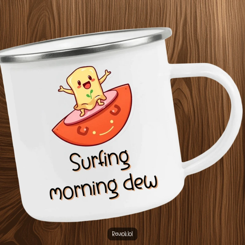 Funny camping mug with a ravioli character surfing on a giant tomato slice, perfect for outdoor coffee breaks and humorous beach days.