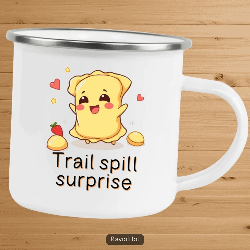 Funny ravioli character tripping and happily spilling filling, a sturdy camping mug for outdoor dining fun.