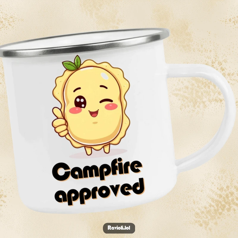 Funny ravioli character giving a wink and a thumbs up, a durable and funny camping mug.