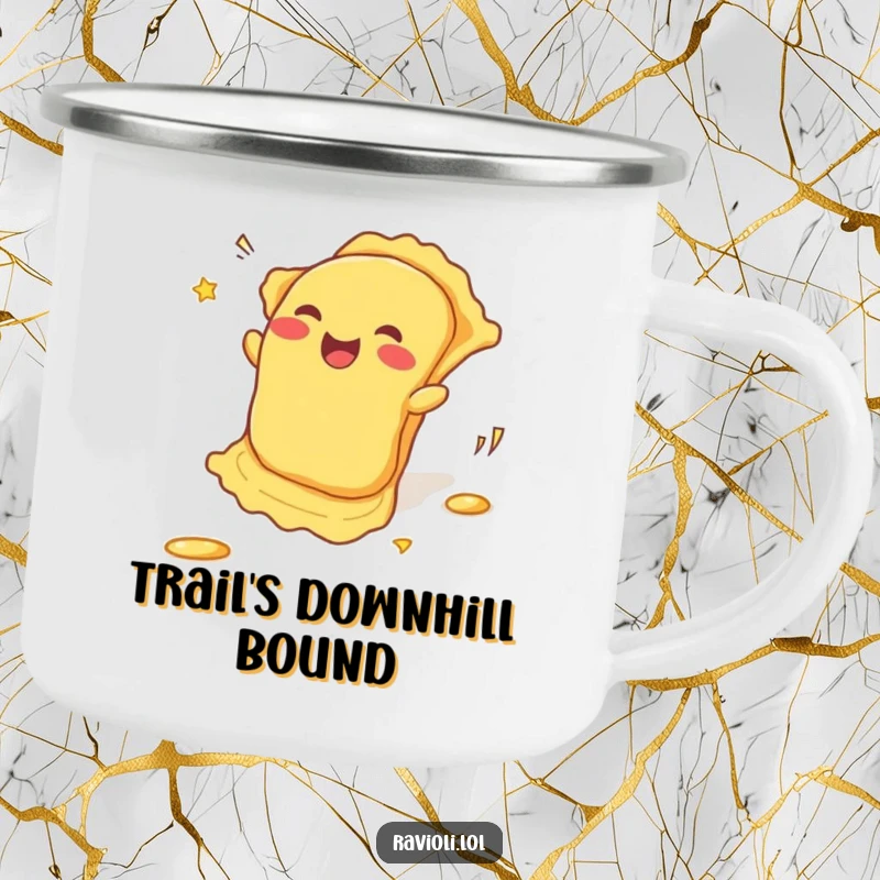 Funny Camping Mug: A ravioli rolls downhill with enthusiasm, spreading giggles, ready to accompany you on your outdoor journeys humorously.