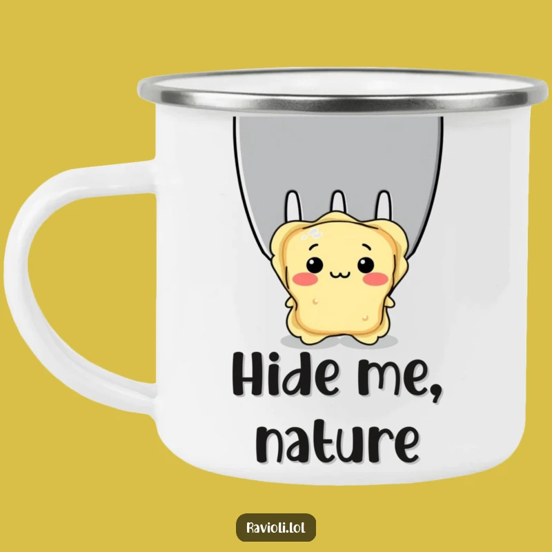 Funny Shy Ravioli Camping Mug: Durable Italian Pasta Character for Outdoor Humorous Gifts