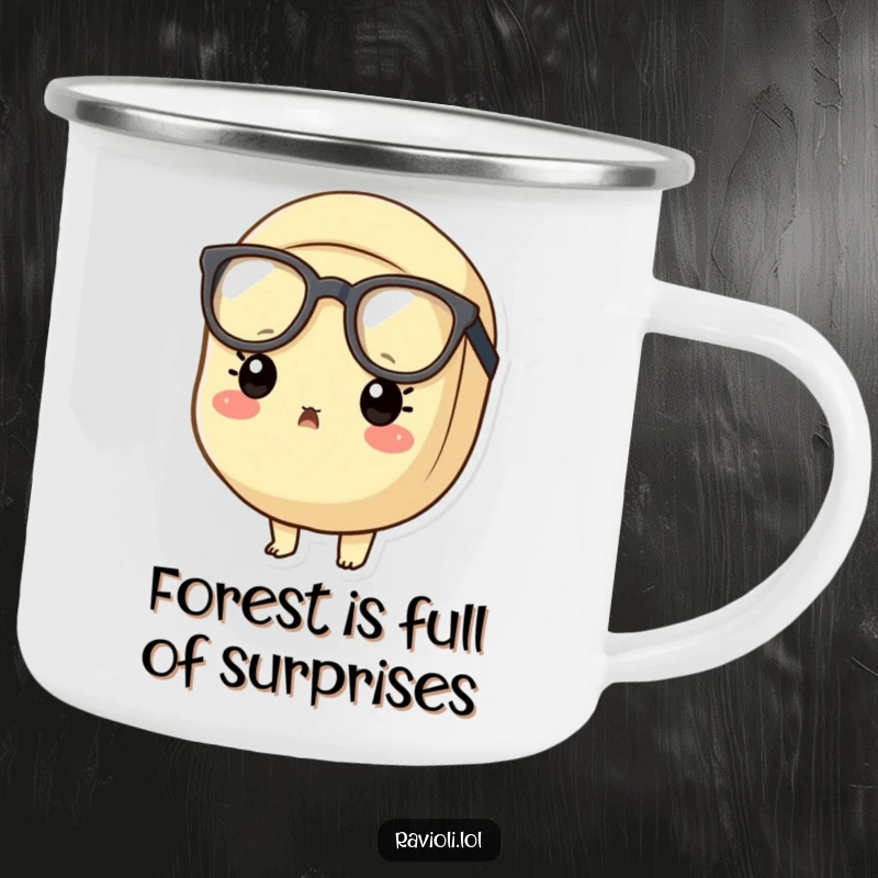 Funny surprised ravioli camping mug showing a ravioli character in oversized glasses looking shocked, perfect for outdoor use.