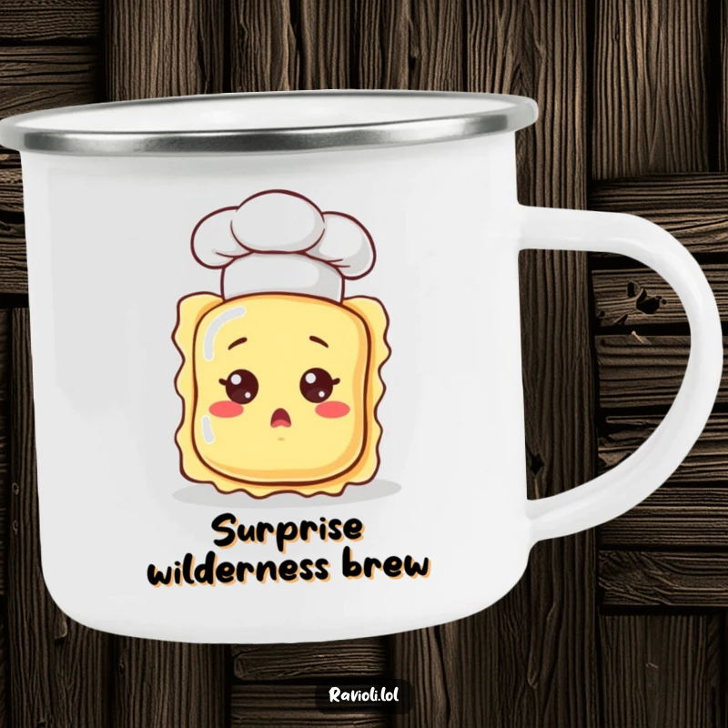 Durable funny ravioli character in a chef hat, looking surprised, on a camping mug, ideal for outdoor enthusiasts who appreciate humor.