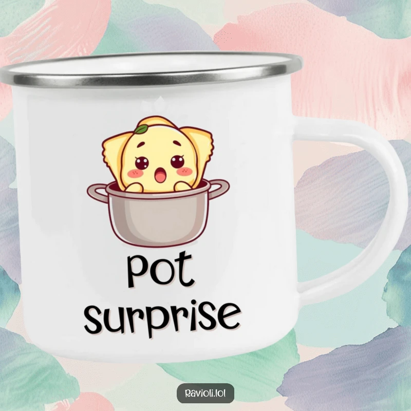 Funny ravioli character looking surprised as it pops out of a pot on a camping mug, perfect for humorous outdoor trips.
