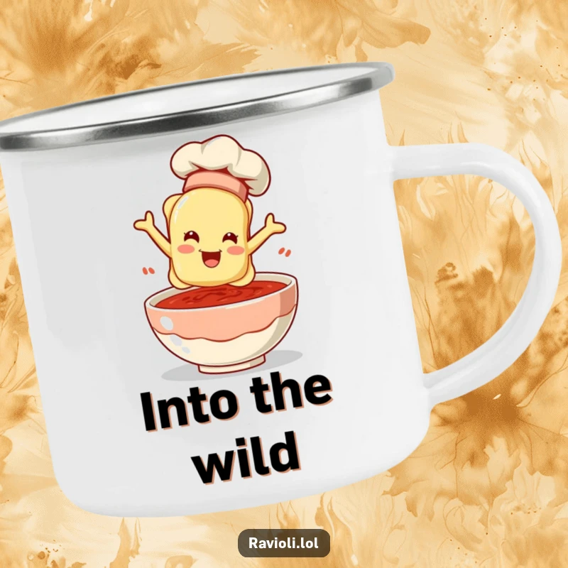 Funny ravioli chef leaping into sauce on a camping mug, perfect for outdoor dining and culinary enthusiasts.