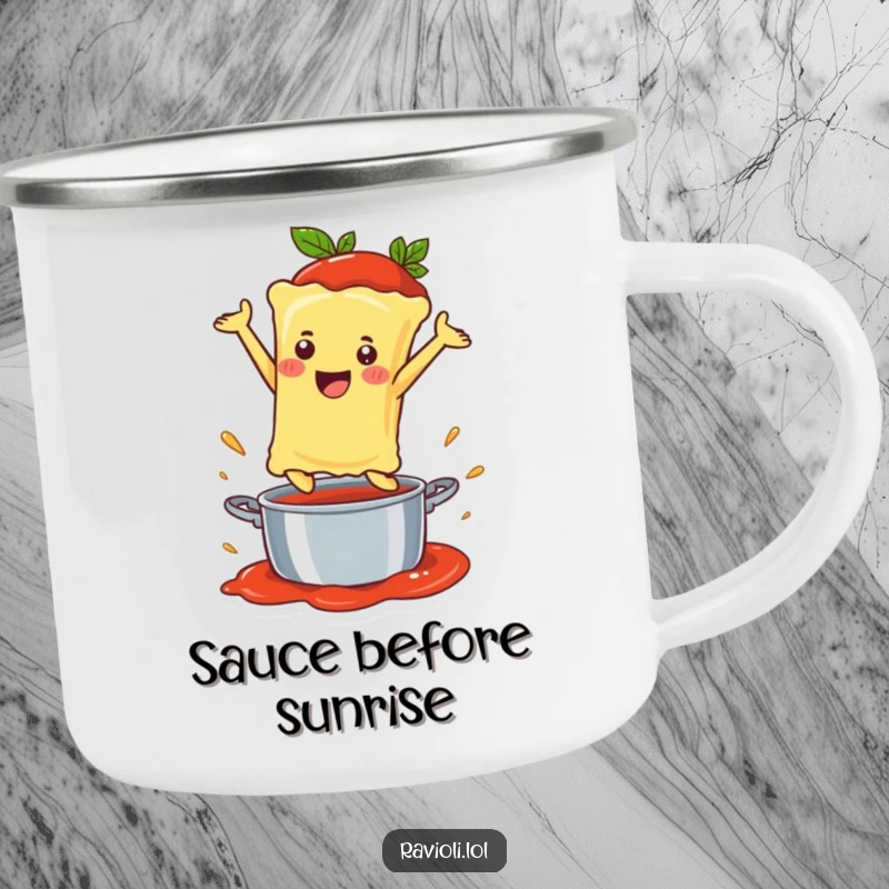 Funny Ravioli Camping Mug showing a happy ravioli character leaping into a sauce pot, ready for adventure.