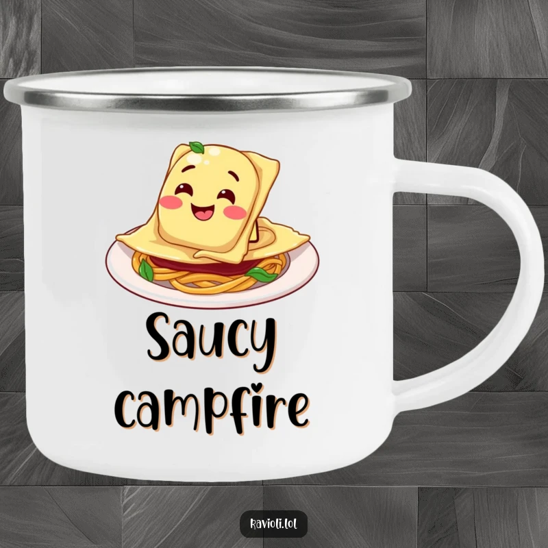 Funny Ravioli Plate Camping Mug: Ravioli character sliding into a plate with a goofy grin, ideal for outdoor pasta enthusiasts.