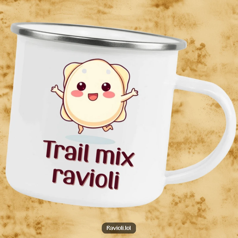 Funny plump ravioli character with tiny legs joyfully skipping, on a durable camping mug for outdoor fun.