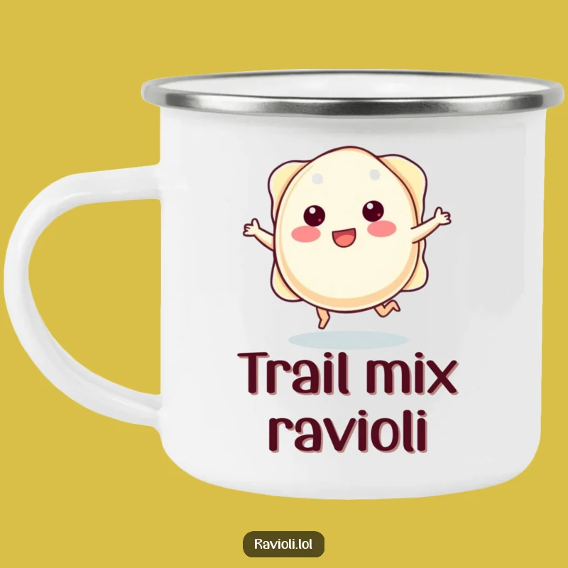 Funny Skipping Ravioli Camping Mug: Adventure with a Pasta Pal