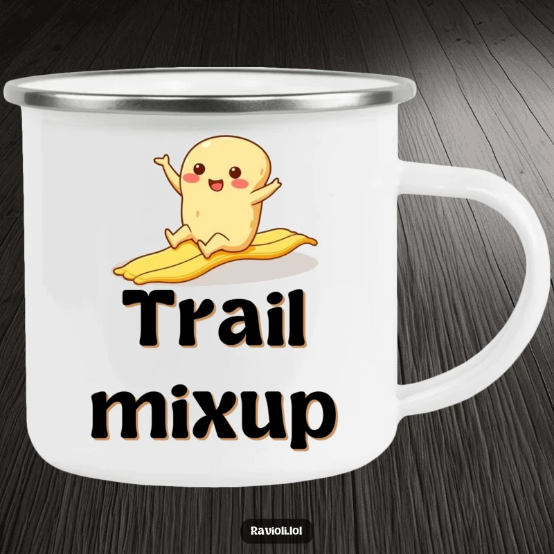 Funny ravioli character comically slipping on a banana peel, a durable camping mug for outdoor laughs.