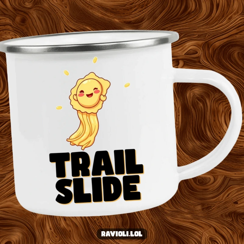 Funny giggling ravioli sliding down spaghetti on a camping mug, perfect for outdoor fun and pasta enthusiasts.