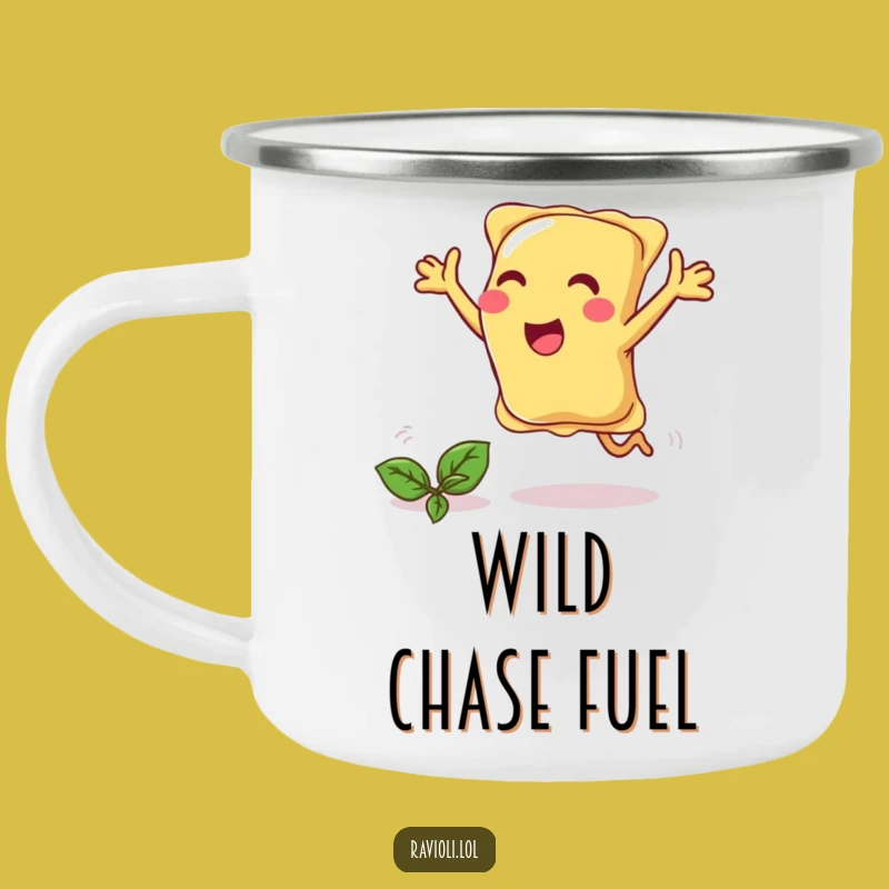 Funny Ravioli Chasing Basil Camping Mug - Adventure Fuel Humor