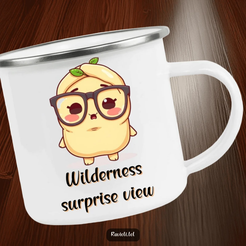 Funny ravioli character wearing tiny oversized glasses, looking surprised, a sturdy camping mug for outdoor dining fun.
