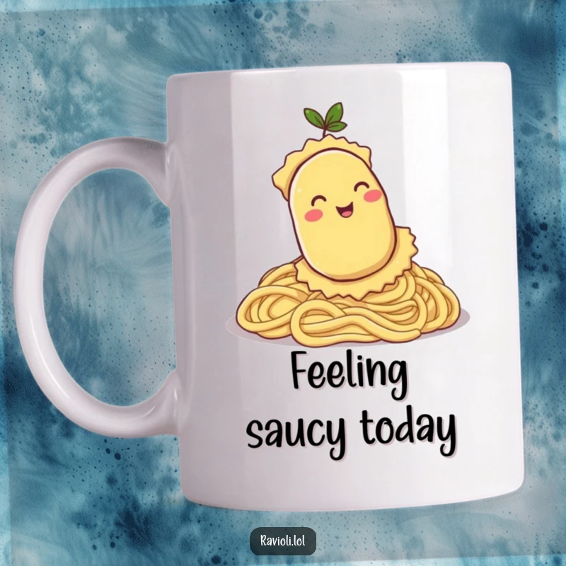 Funny mug showing a smiling ravioli character happily rolling down a steep hill made of cooked pasta, conveying pure joy.