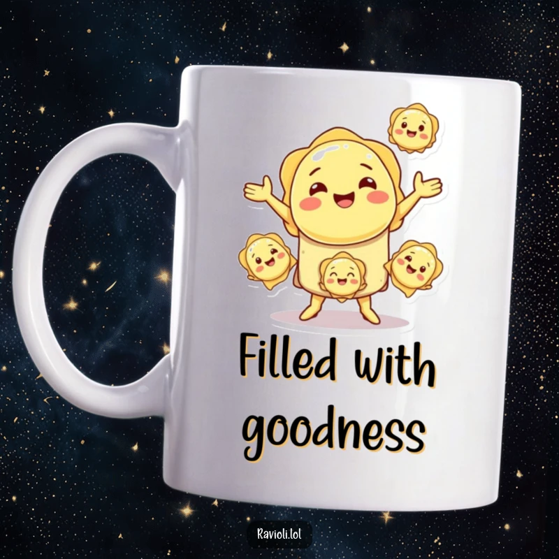 Funny smiling ravioli character skillfully juggling three smaller smiling ravioli, a delightful image on a mug.