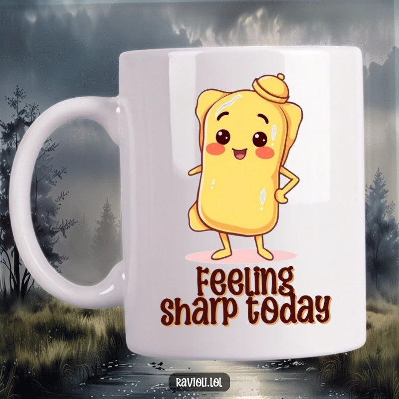 Funny ravioli character striking a confident pose with hand on hip and a tiny hat tilted, on a mug, food sass.