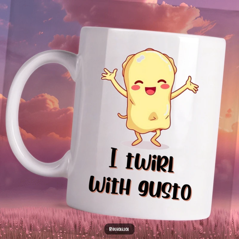 Funny ravioli character with exaggerated floppy limbs doing a clumsy, joyful dance, a humorous mug.