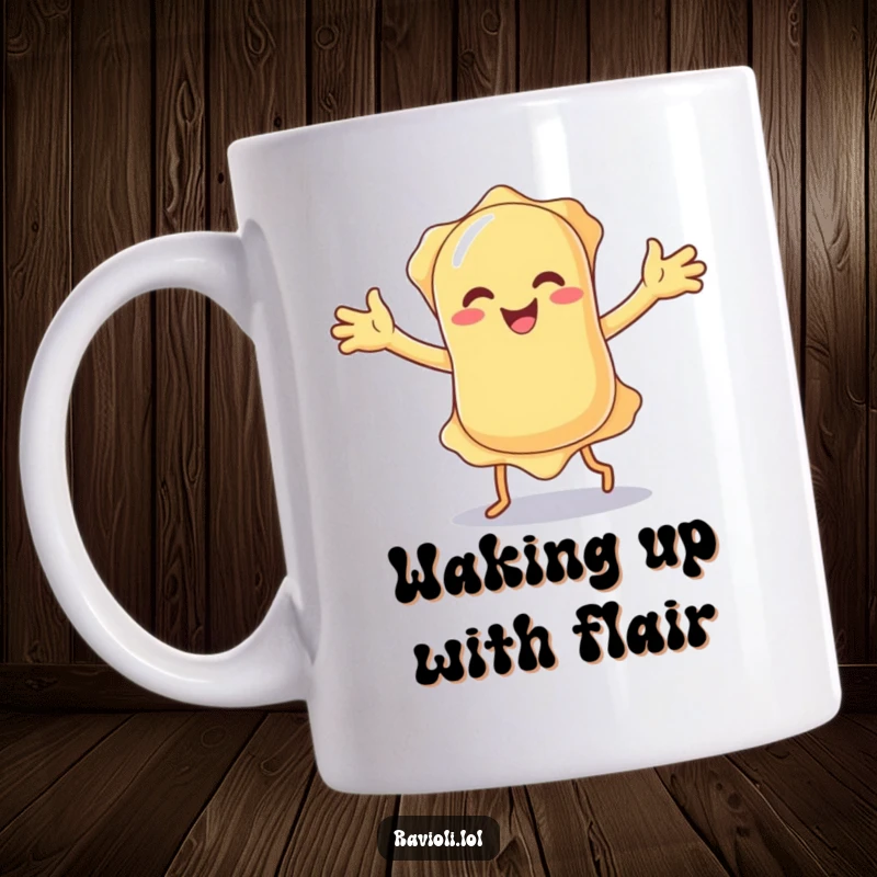 Funny ravioli character performing a silly dance with floppy arms, captured on a mug, embodying pure, uninhibited fun.