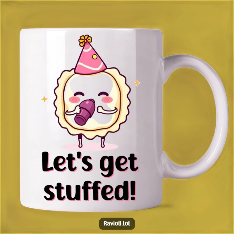 Funny Party Ravioli Mug: Festive Italian Food Character Celebrating, Ultimate Humorous Gift