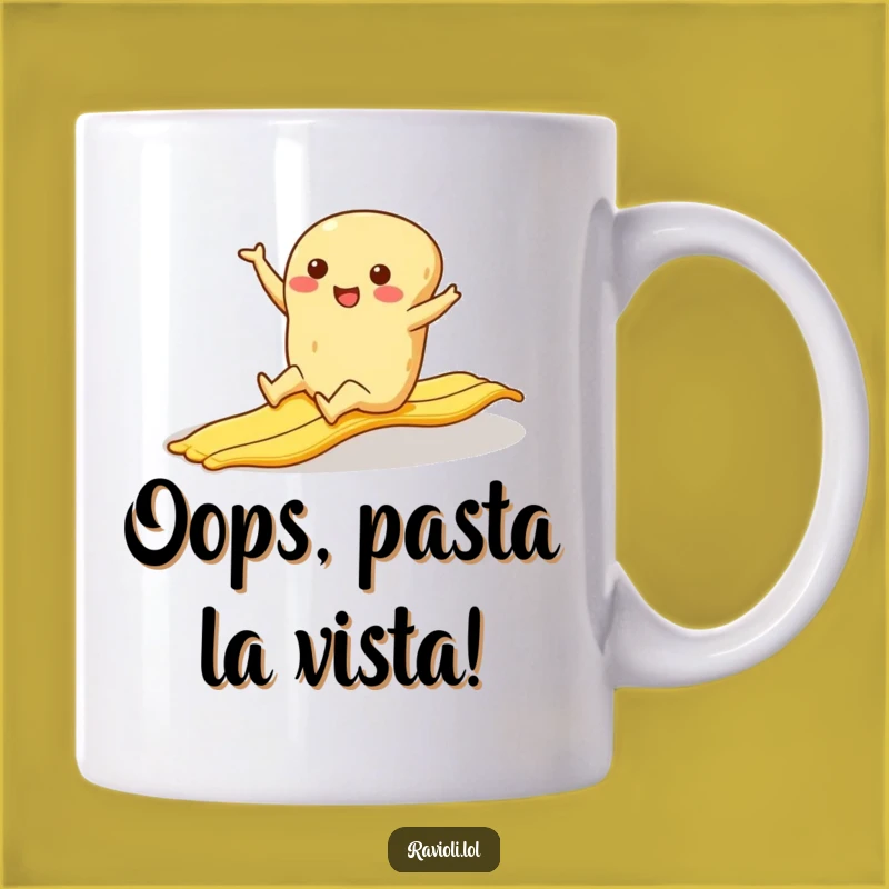 Funny Ravioli Banana Slip Mug: Hilarious Cartoon Character Slipping Gift