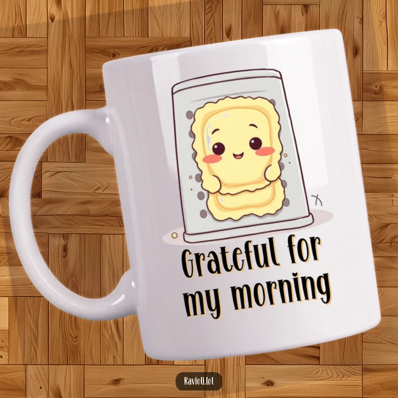 Funny ravioli character peeking shyly from behind a giant cheese grater on a mug, a comedic take on Italian food.