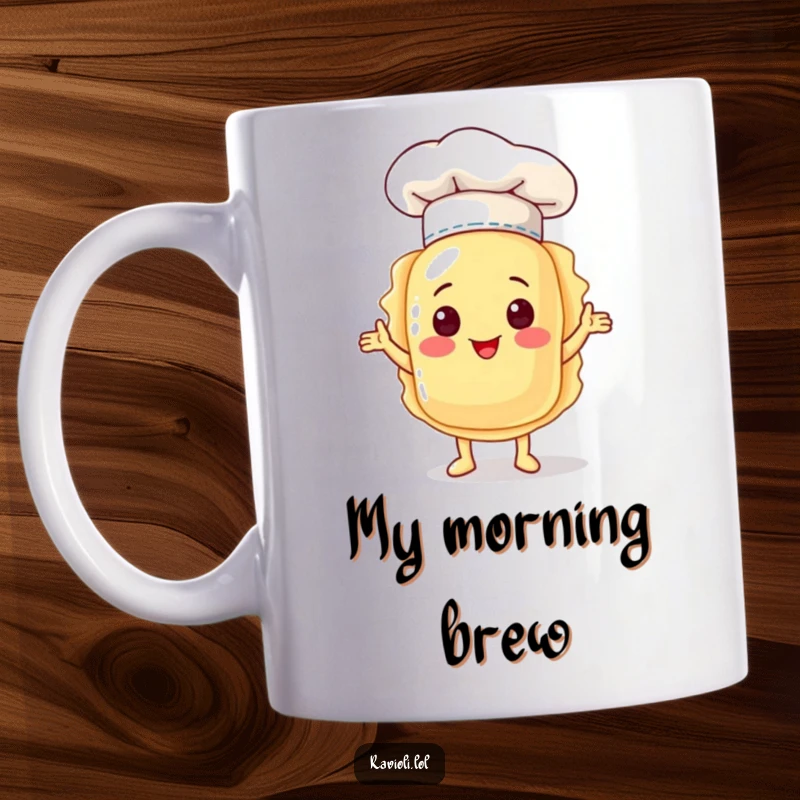 Funny ravioli character wearing a tiny chef hat, standing proudly and presenting itself on a coffee mug, symbolizing culinary confidence.