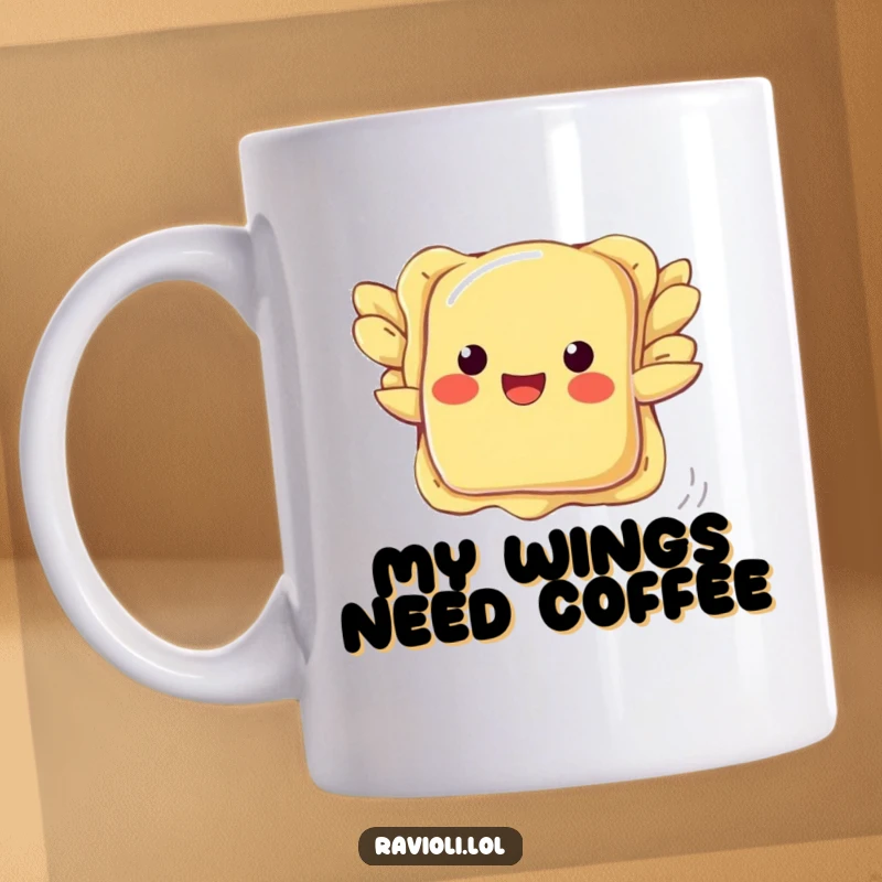 Funny ravioli mug with pasta wings struggling to fly, depicting a whimsical and humorous food adventure.