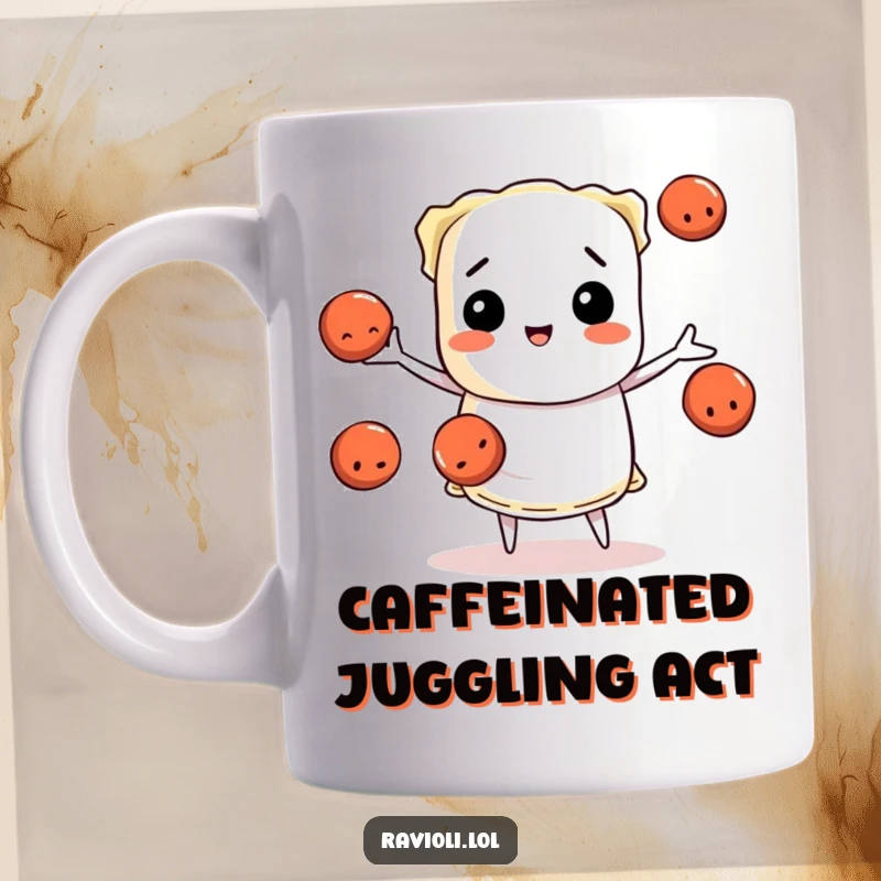 Funny ravioli character skillfully juggling three wiggling meatballs, pasta chef action, perfect funny gift mug for foodies.